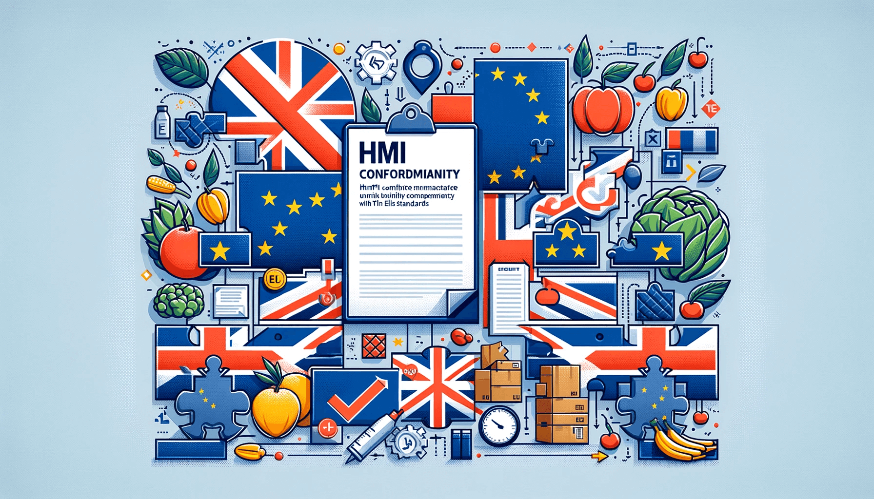 A visually informative and professional blog post image representing an update to trade regulations. The image should include symbols of the EU and UK