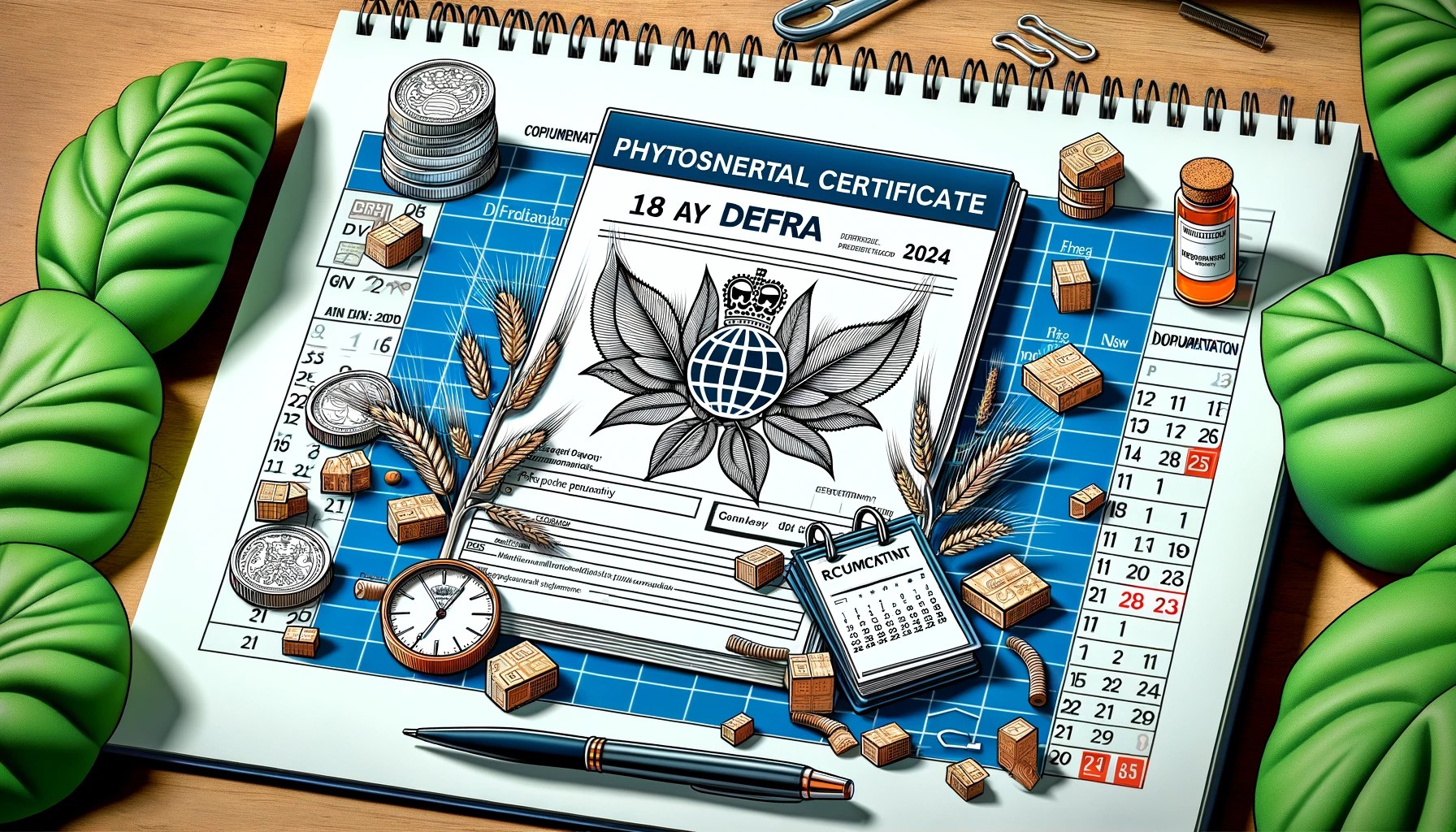 Create an image showing a phytosanitary certificate with a DEFRA logo, and a calendar highlighting the date 18 May 2024. Include elements related to i.webp