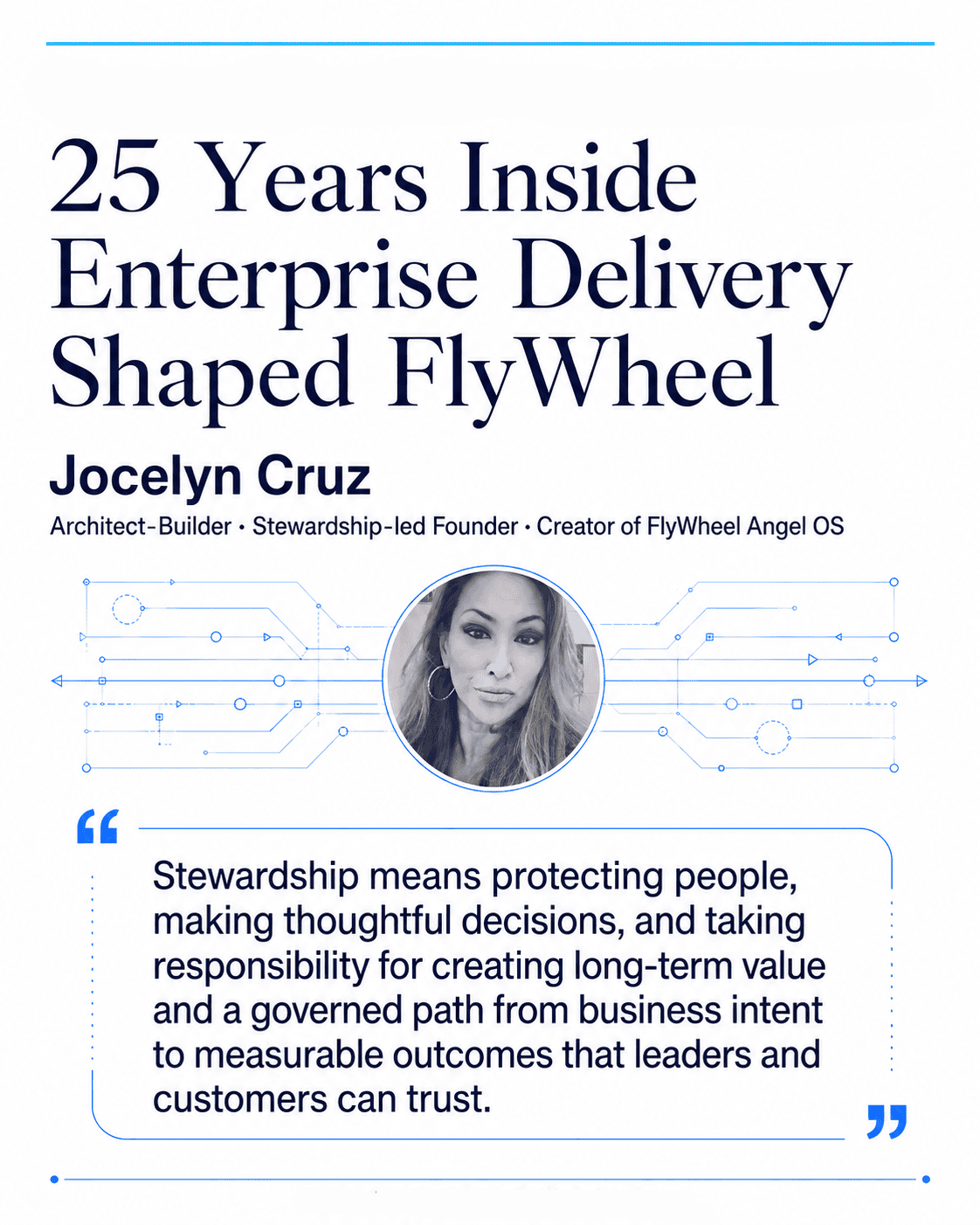 Jocelyn Cruz, founder of FlyWheel Angel OS™, with enterprise CRM, data, AI, and governance credentials.
