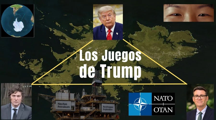 Presidentes Trump Burnham y Milei con fondo de Malvinas