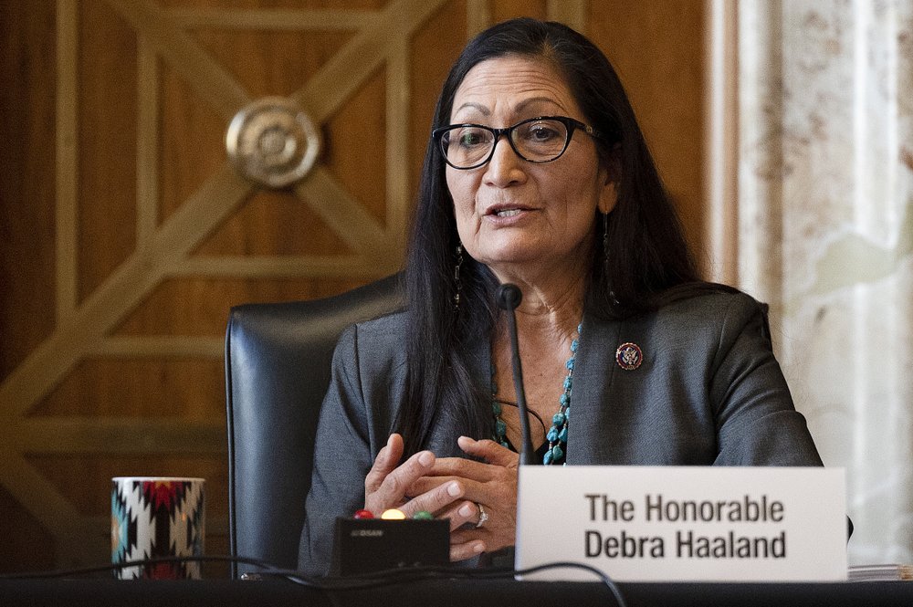 FILE - In this Feb. 23, 2021, file photo Interior Secretary nominee Rep. Deb Haaland, D-N.M., speaks during her confirmation hearing on Capitol Hill in Washington. On March 15, the Senate confirmed her as Interior Secretary. (Jim Watson/Pool via AP, File)