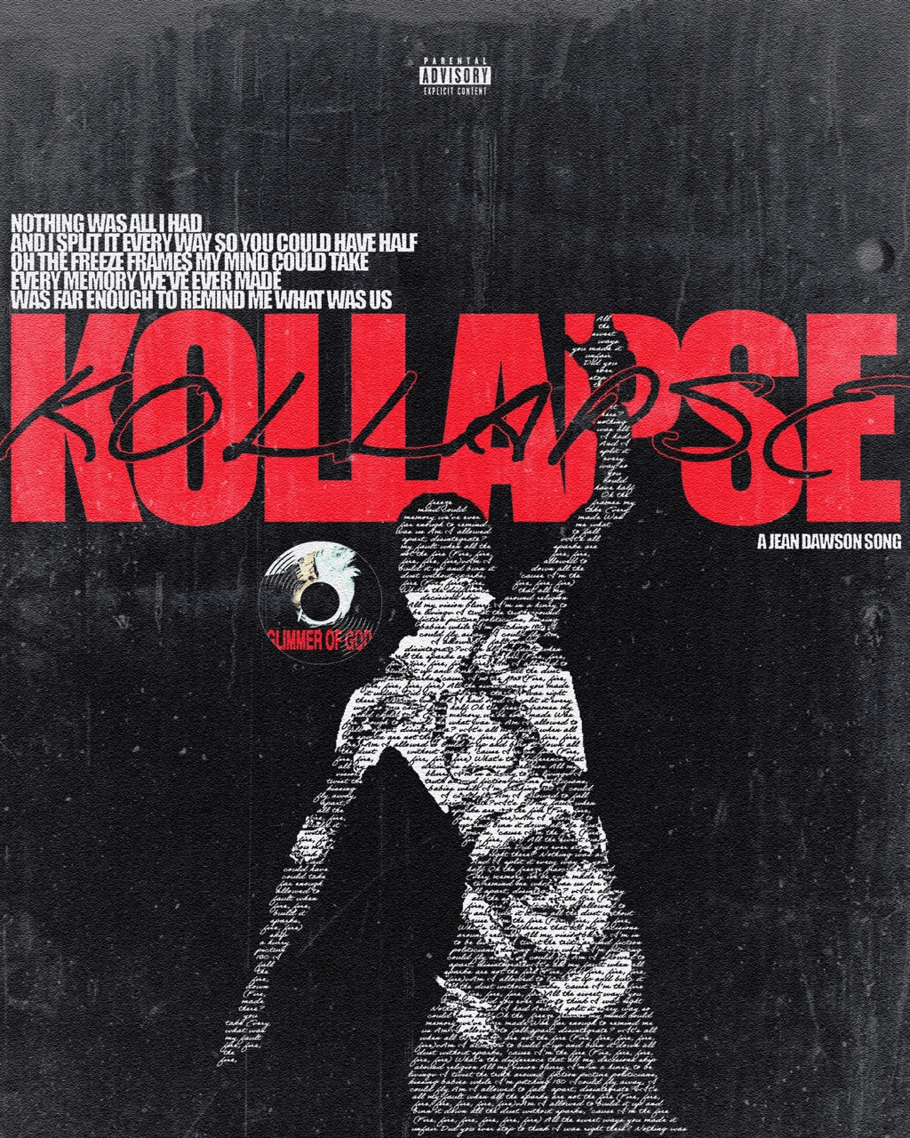 Album cover for 'KOLLAPSE' by Jean Dawson featuring stylized text and a silhouetted figure composed of lyrics.