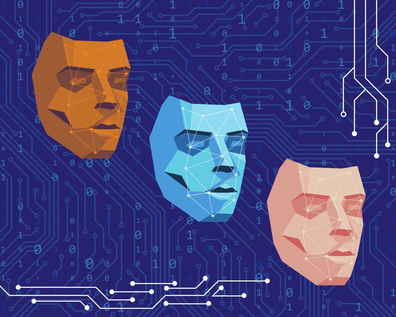 Over a faded circuit board pattern and binary code, three facial recognition face models.