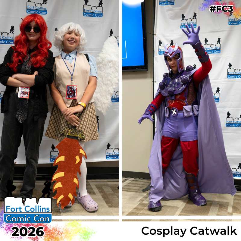 Cosplayers from Good Omens and a Superhero on the cosplay catwalk.