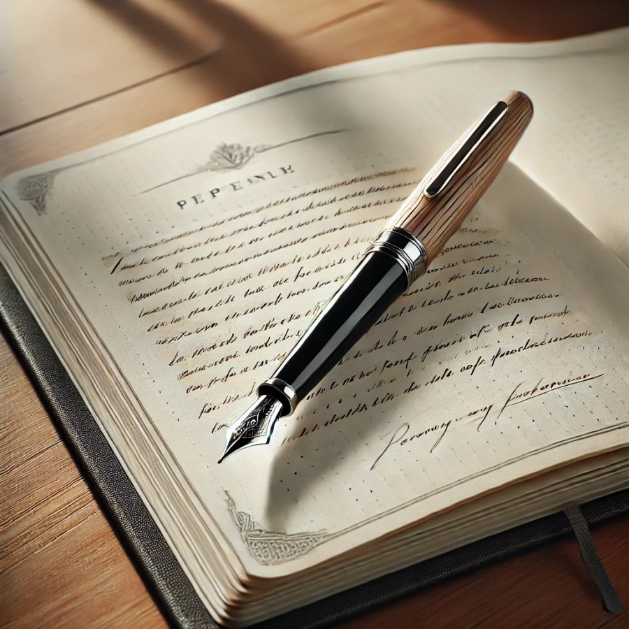 A sleek pen resting on an open notebook with neatly written text, symbolizing clarity and precision in writing.