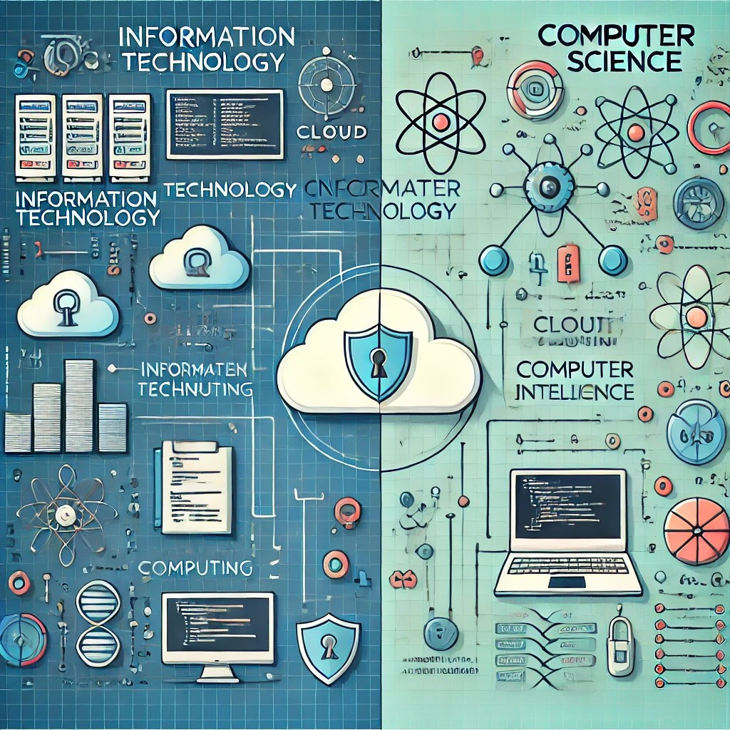 A visually engaging comparison of Information Technology and Computer Science, featuring icons of coding, networks, and cybersecurity.
