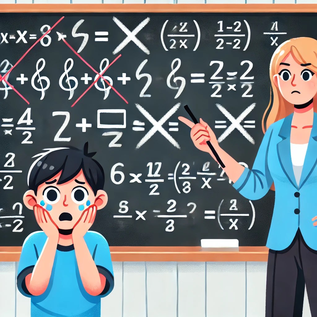 A blackboard displaying common mathematical misconceptions with incorrect equations crossed out, while a teacher explains to a surprised student.