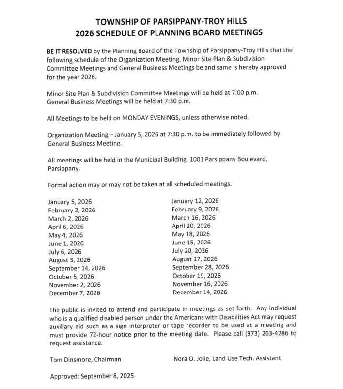 TOWNSHIP OF PARSIPPANY TROY HILLS 2026 SCHEDULE OF PLANNING BOARD Screenshot 5353 