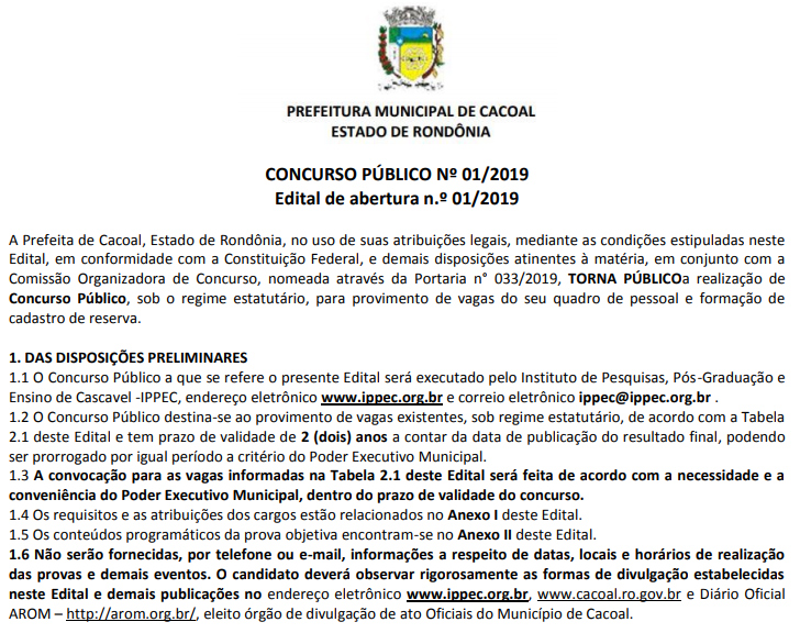 Prefeitura de Cacoal abre concurso e oferece 32 vagas