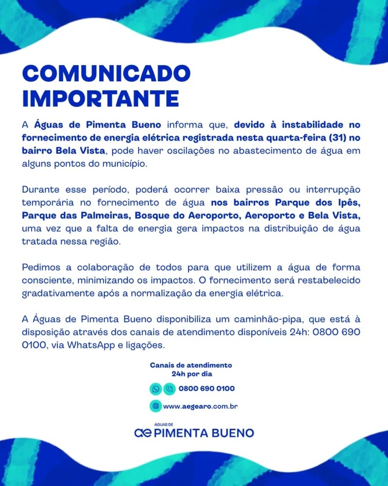 COMUNICADO IMPORTANTE – ÁGUAS DE PIMENTA BUENO