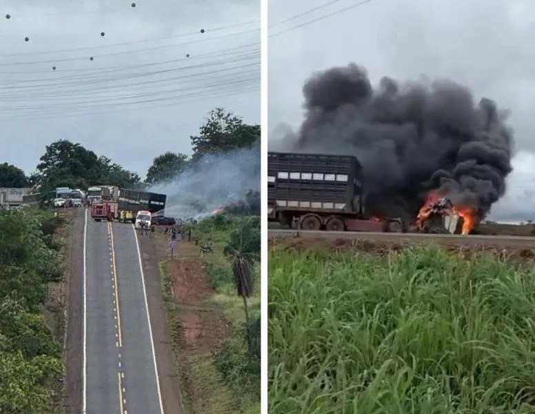 Acidente envolvendo caminhões, em Pimenta Bueno, causa incêndio e congestionamento na BR-364