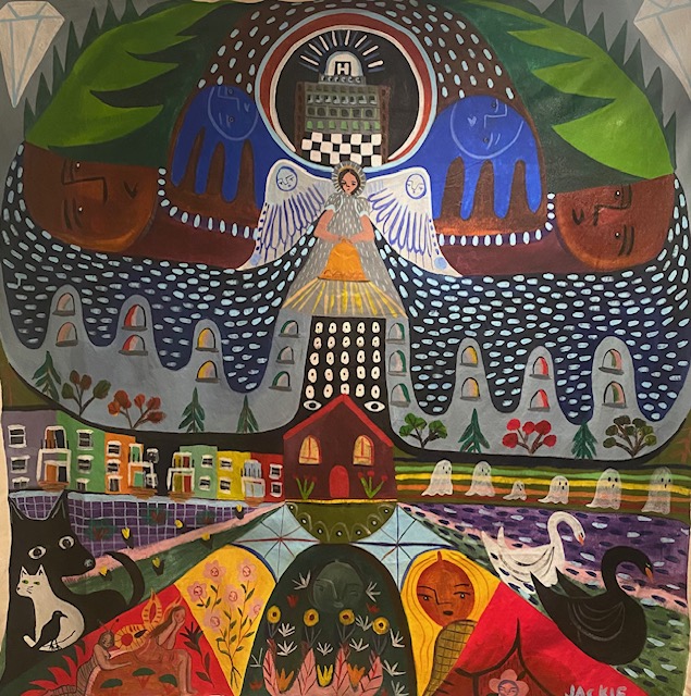Original work of art by outsider artist Jackie Bradshaw titled "Rainbow Row".