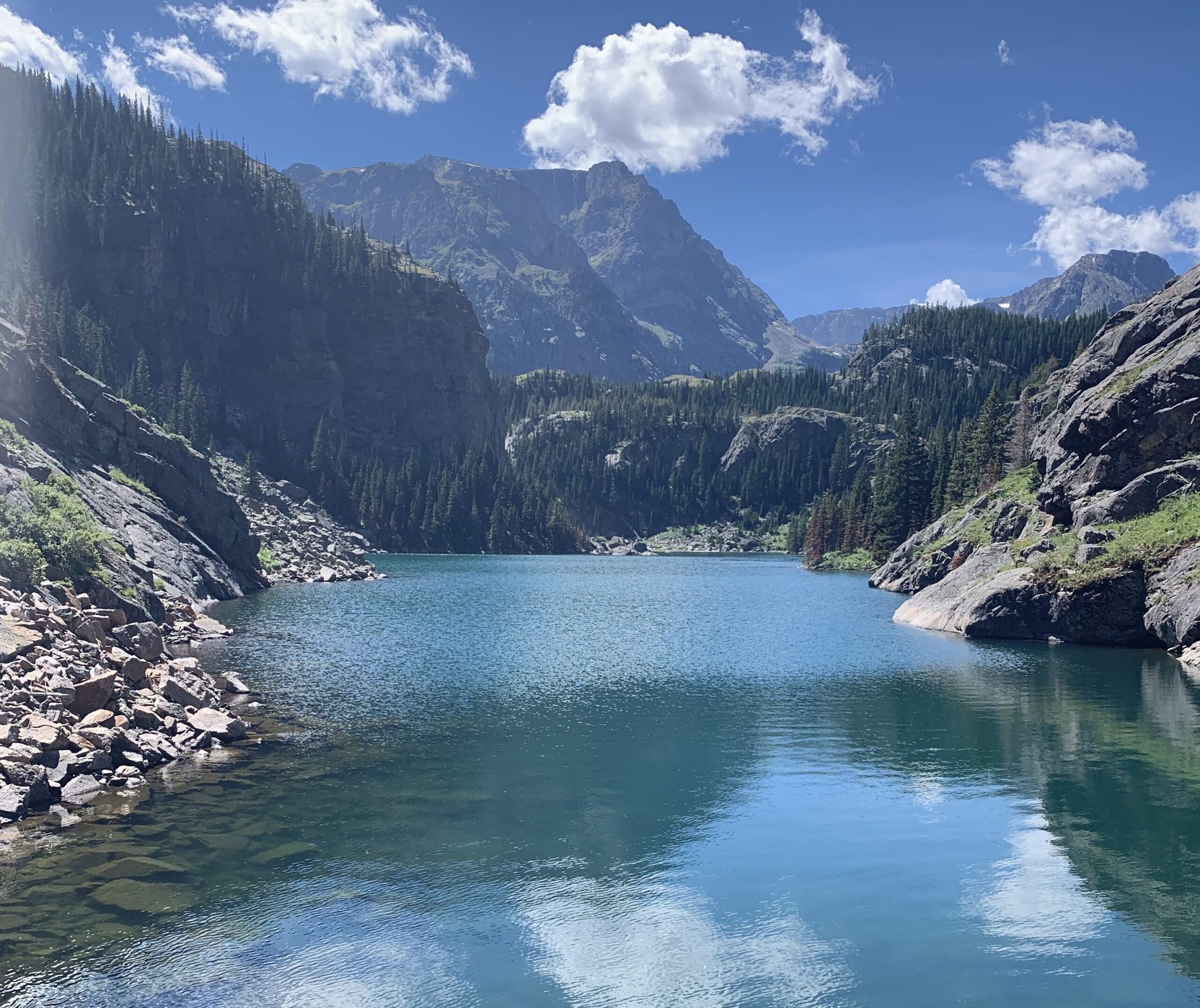 Beautiful mountain lake in montana reflecting blue skies