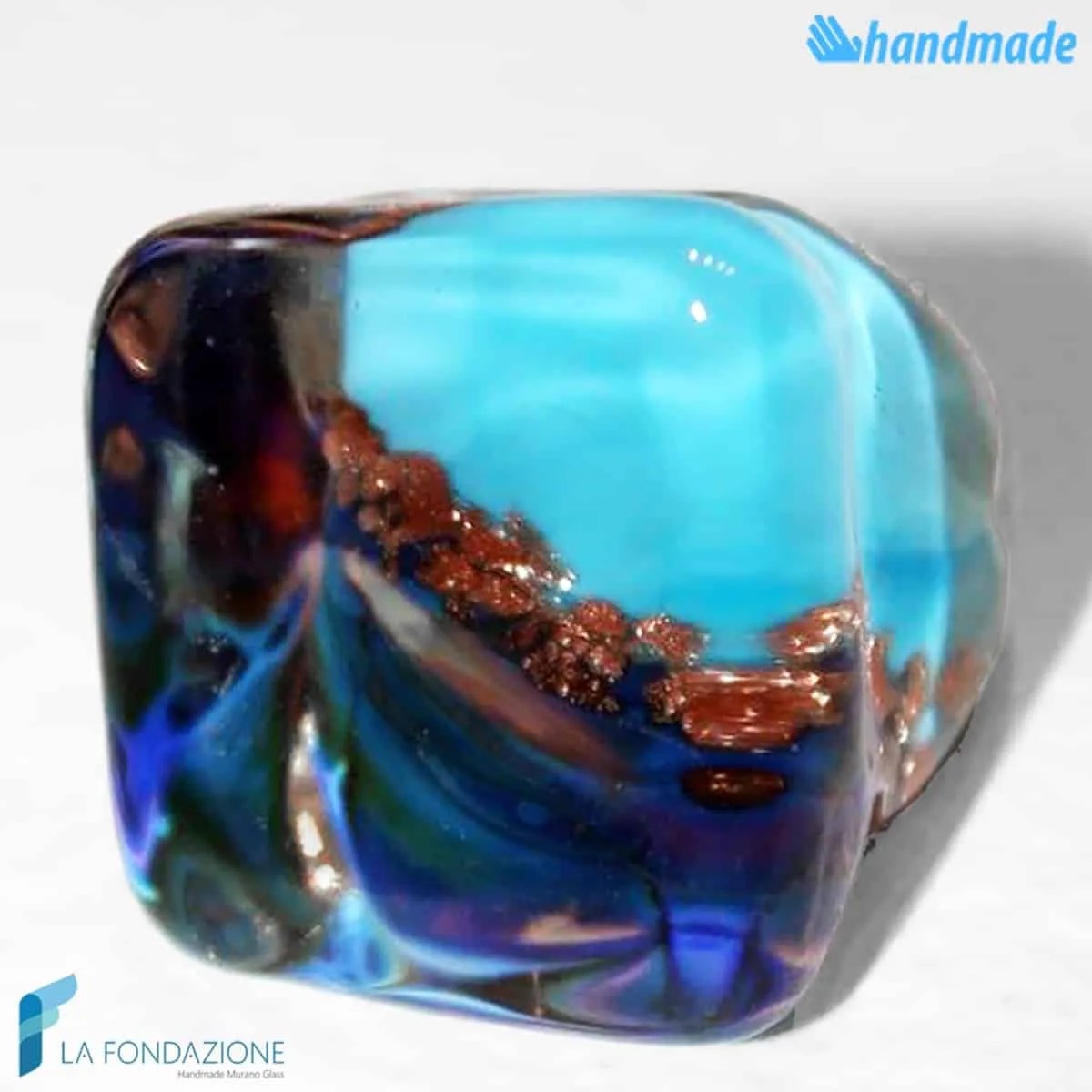 Anello a fascia Cubo Calcedonio Blu in vetro di Murano - La Fondazione snc - RINGS0002