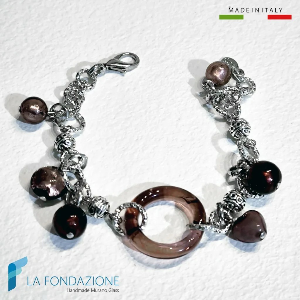 Bracciale Prugna Cerchi regolabile con strass in vetro di Murano