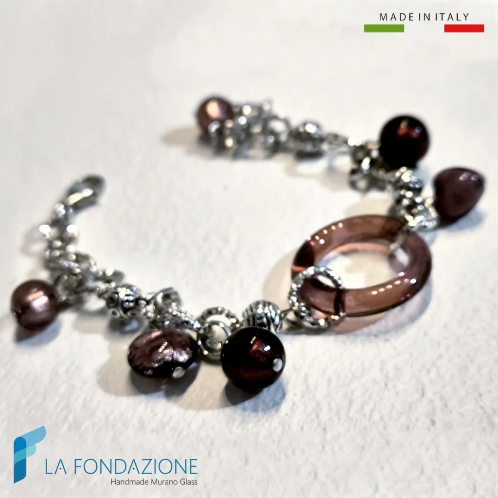 Bracciale Prugna Cerchi regolabile con strass in vetro di Murano