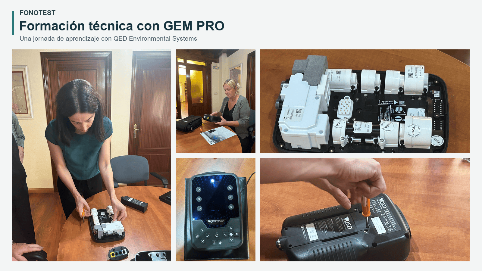 Formación práctica en Fonotest con el analizador GEM PRO y detalles de sus componentes internos y controles.