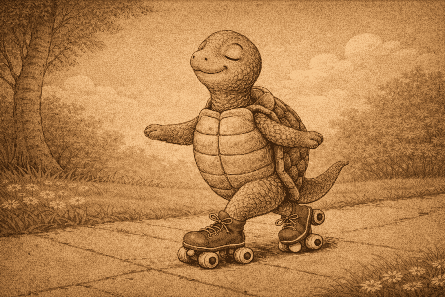 Turtle on roller skates, enjoying a sunny day outdoors.