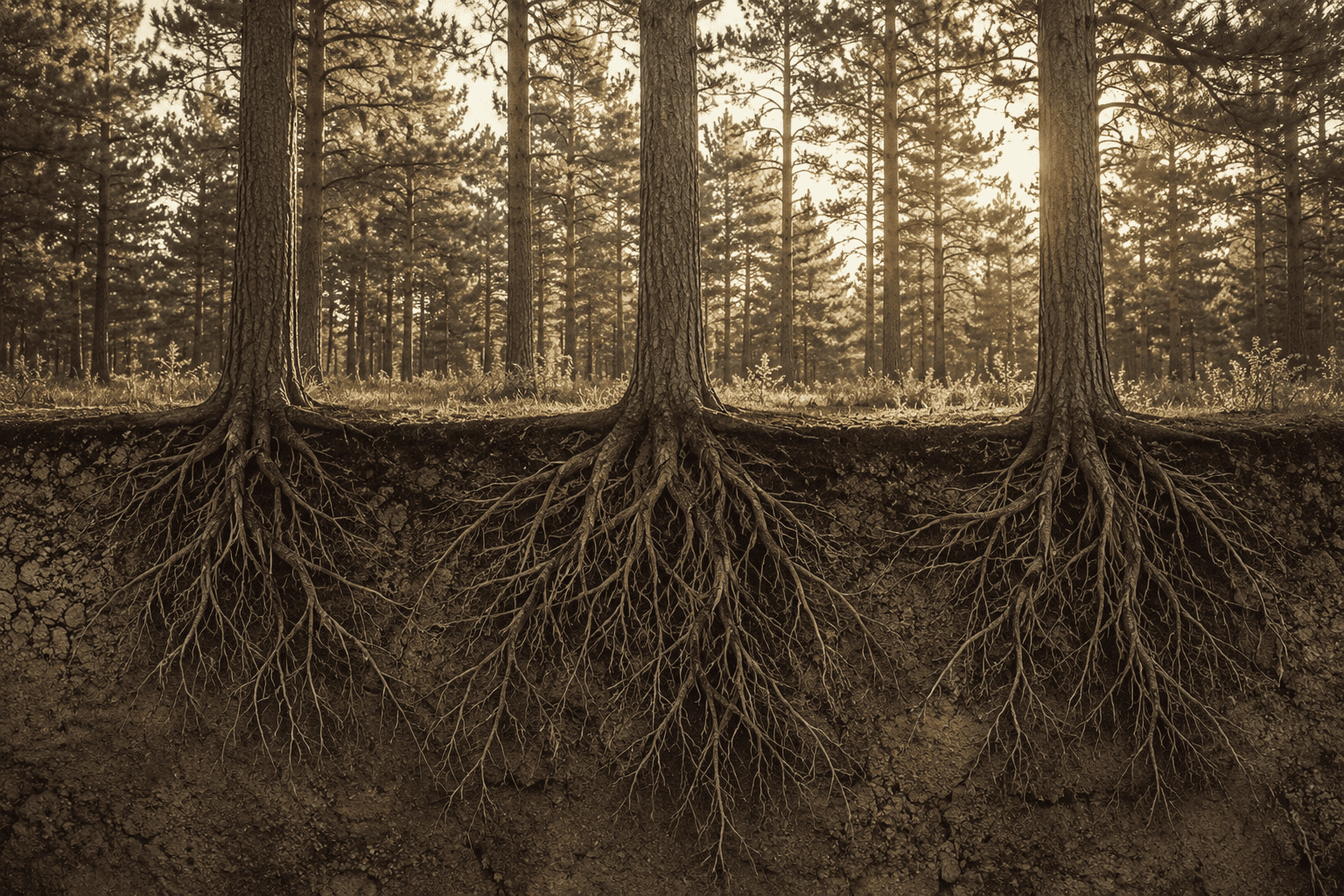 Tree roots extending underground in a forest at sunset.