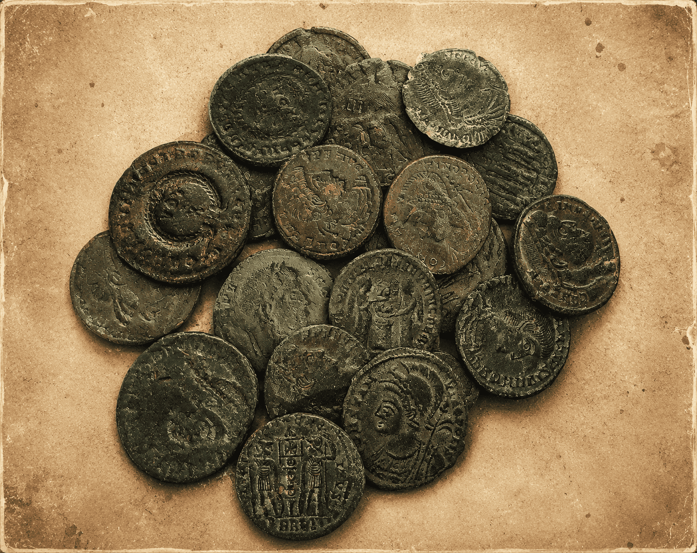 Collection of ancient Roman coins with detailed engravings and patina.