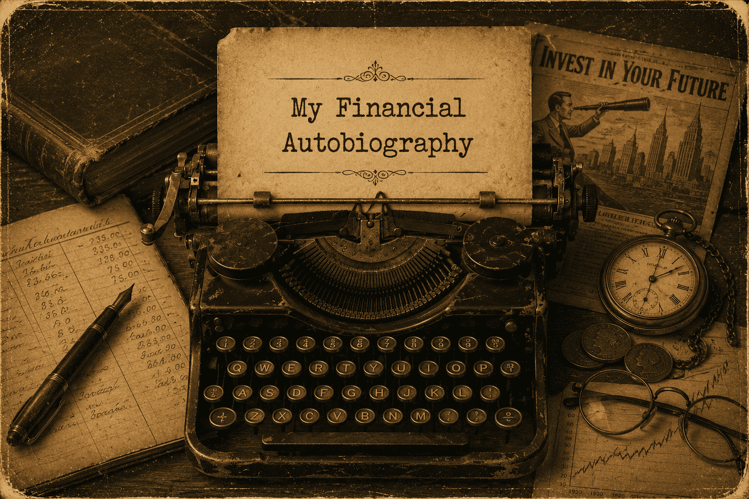Vintage typewriter with 'My Financial Autobiography' paper and financial items.