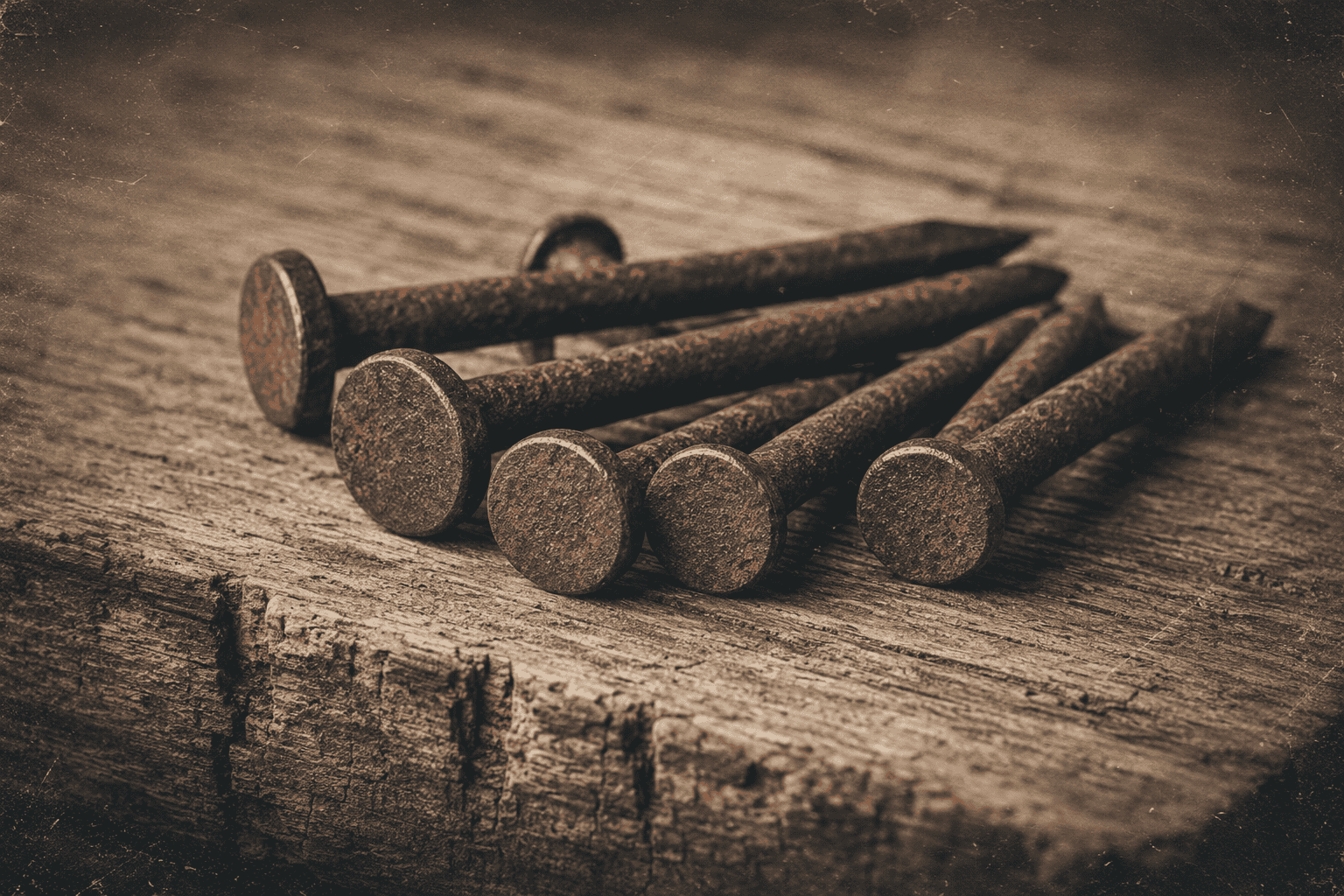 Close-up of rusty nails on weathered wooden surface for DIY or construction themes.