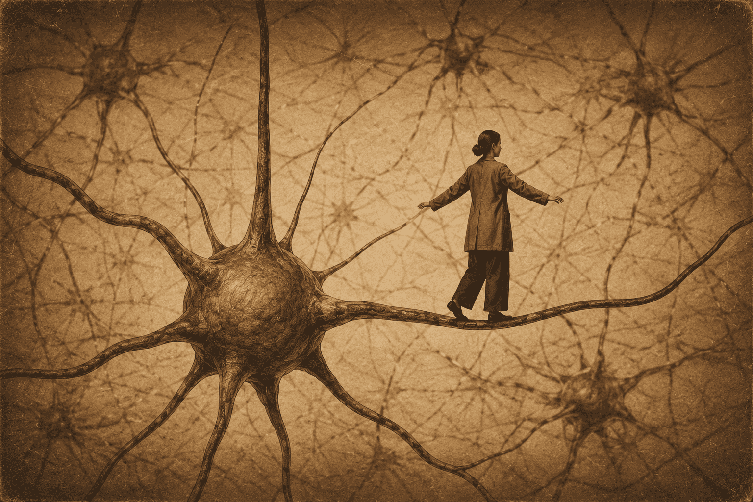 Person walking on a neural network pathway with neuron connections in the background.