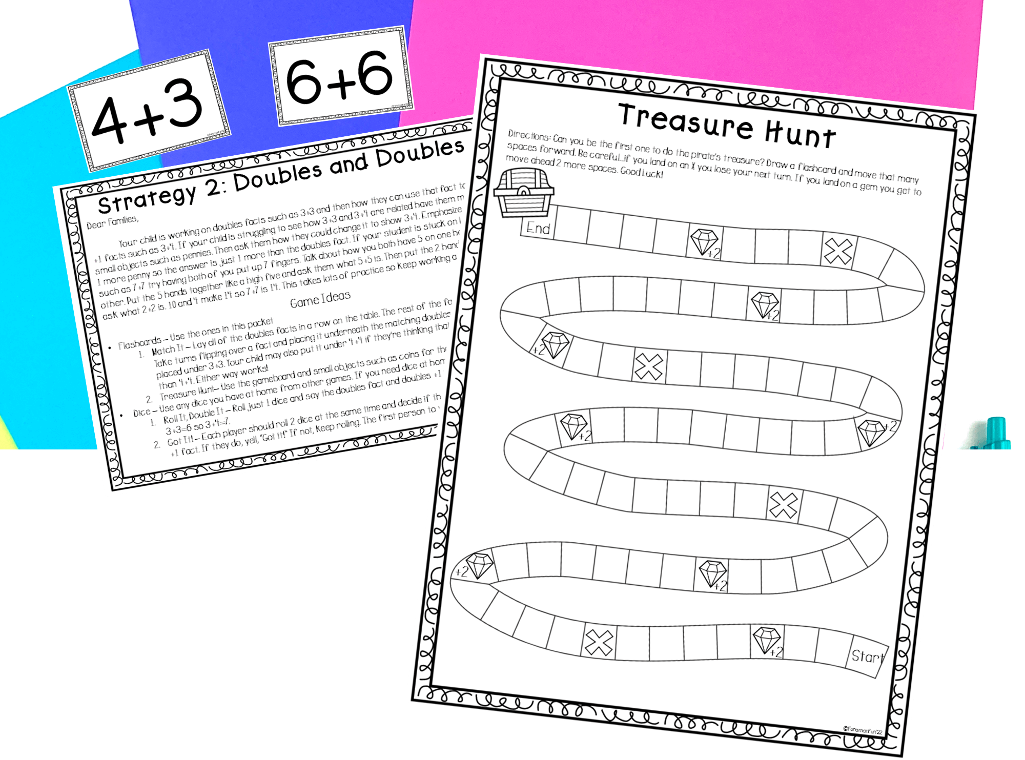 Doubles and near doubles addition fluency games with flashcards.