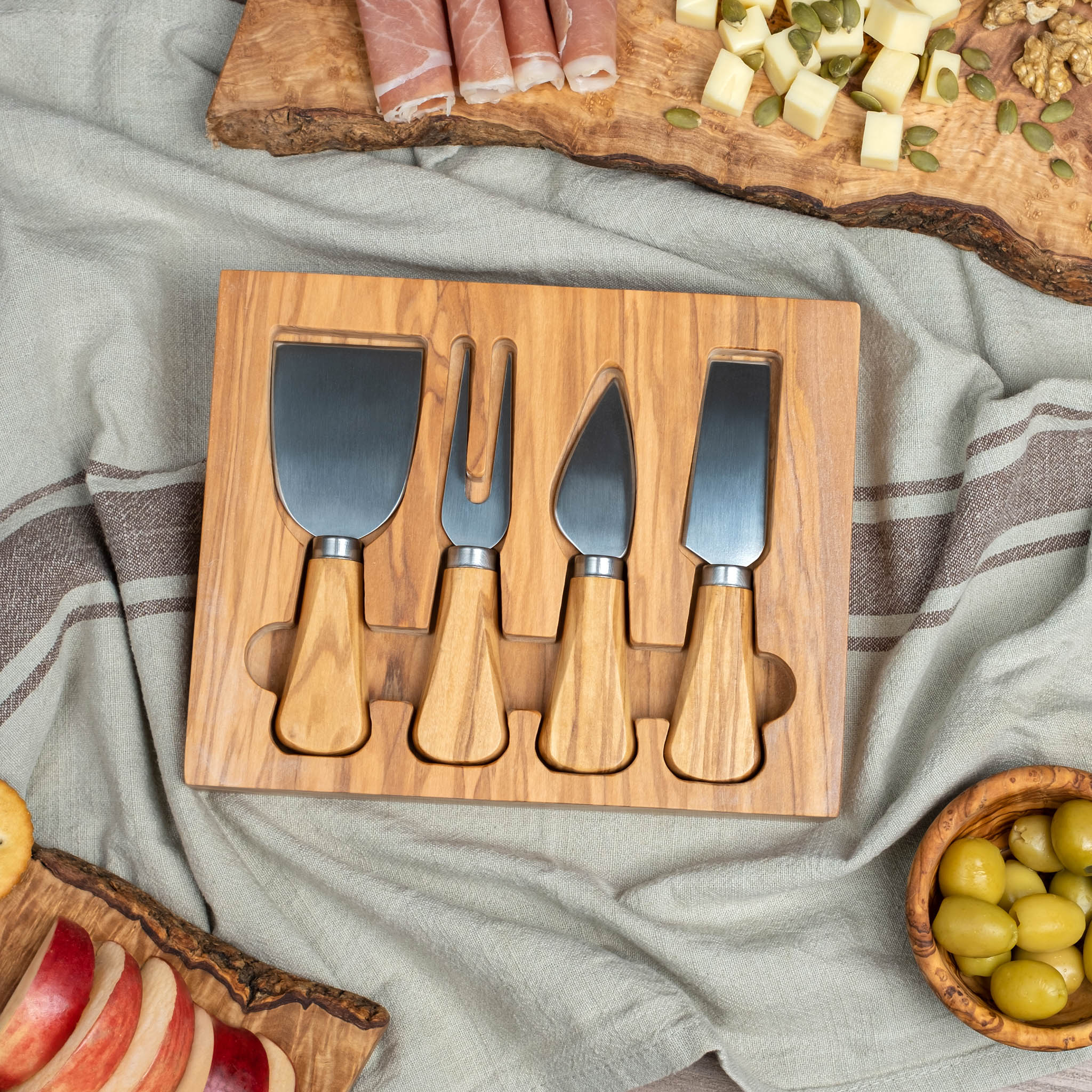 Olive Wood Cheese Knives with Stainless Steel | Cheese Knife Set 4pcs