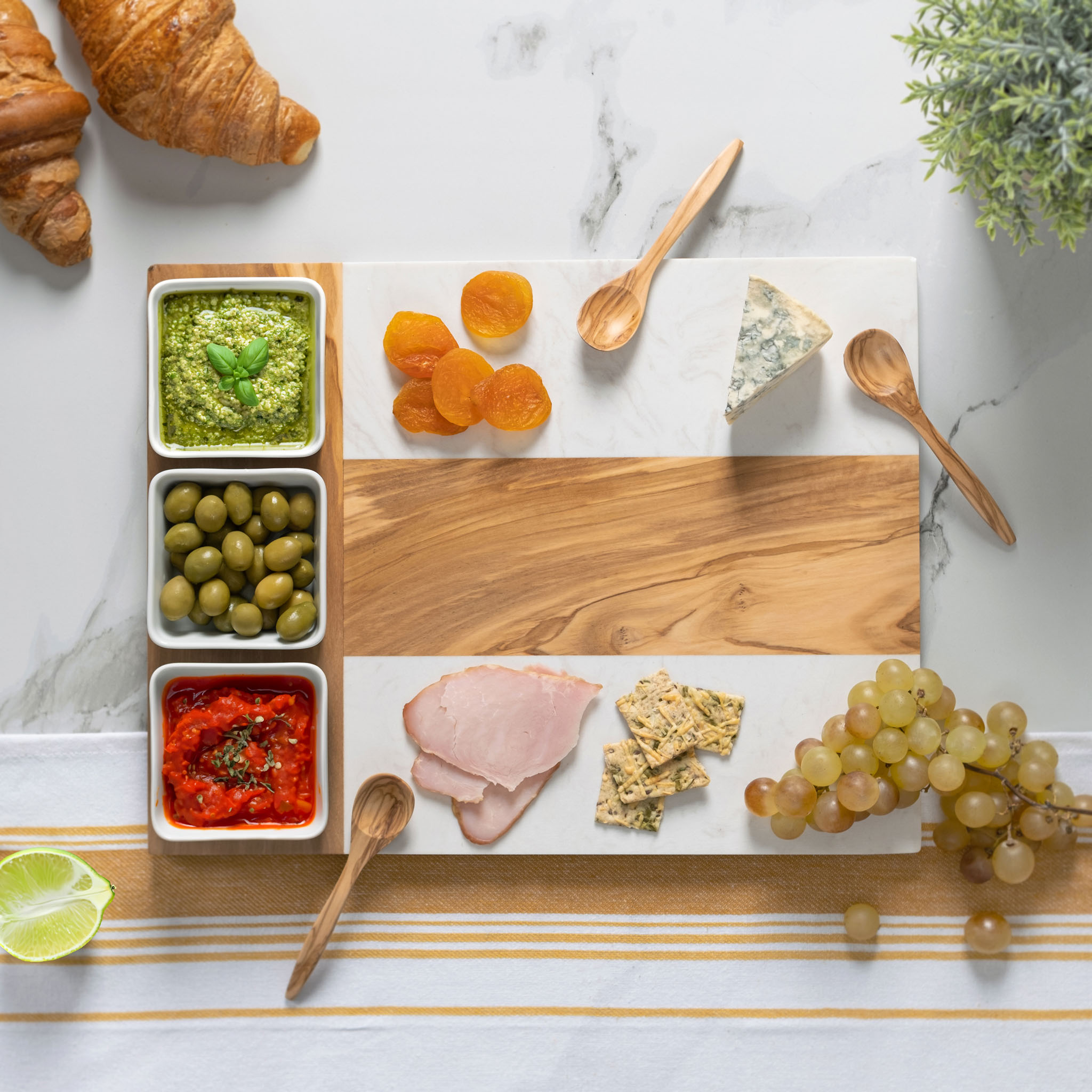Olive Wood Charcuterie Set with Marble, Ceramic Bowls, and Spoon