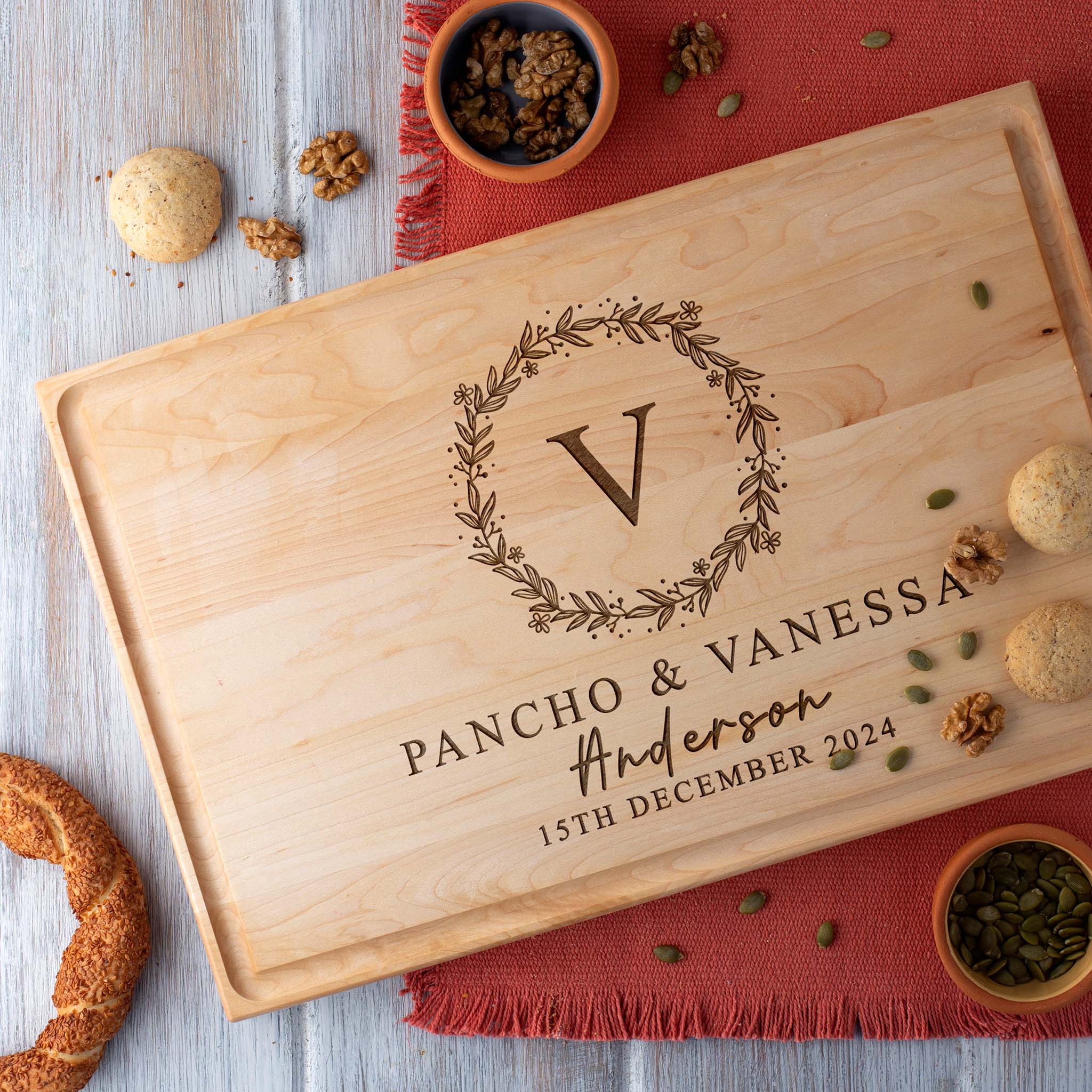 Personalized Couple's Cutting Board with Floral Initials & Date