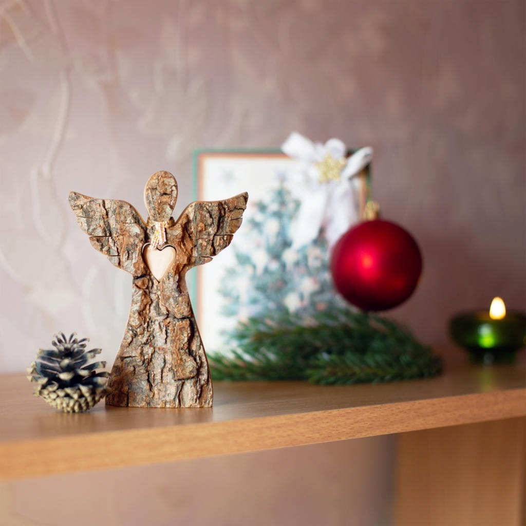 Wooden Angel Figurine with Wings and Love Heart - Forest Decor