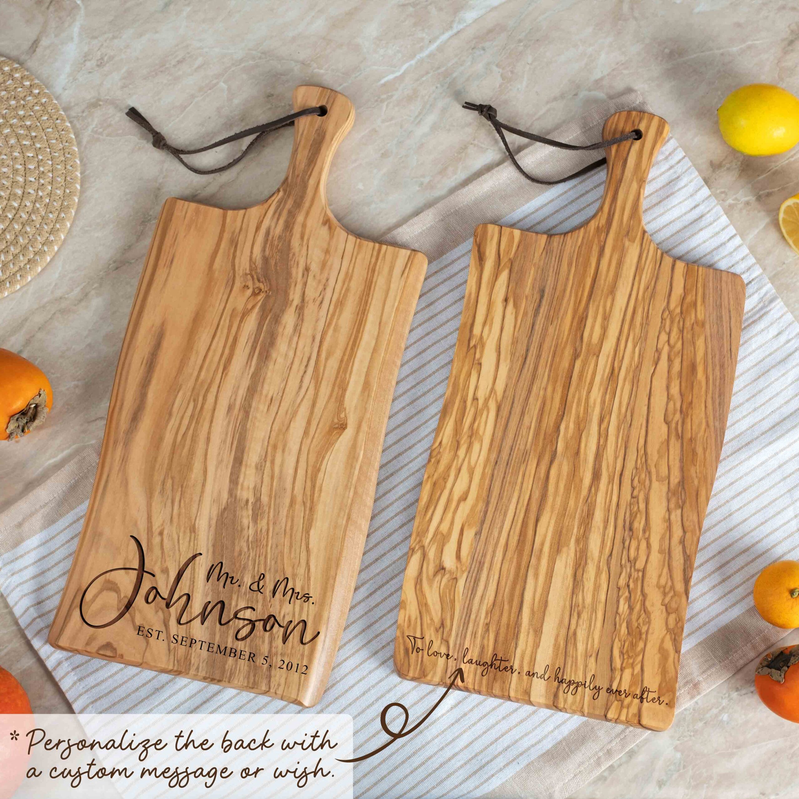 Custom Engraved Olive Wood Cutting Board | 17x8 Inch Wedding Gift