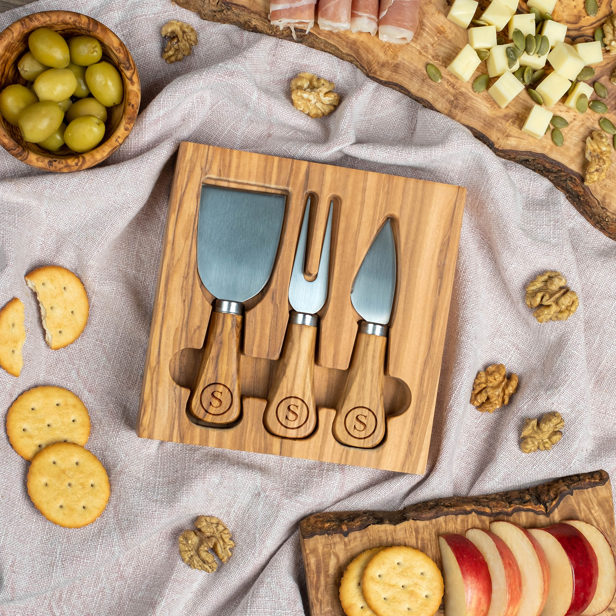 Olive Wood Cheese Knives Set for Charcuterie | Stainless Steel