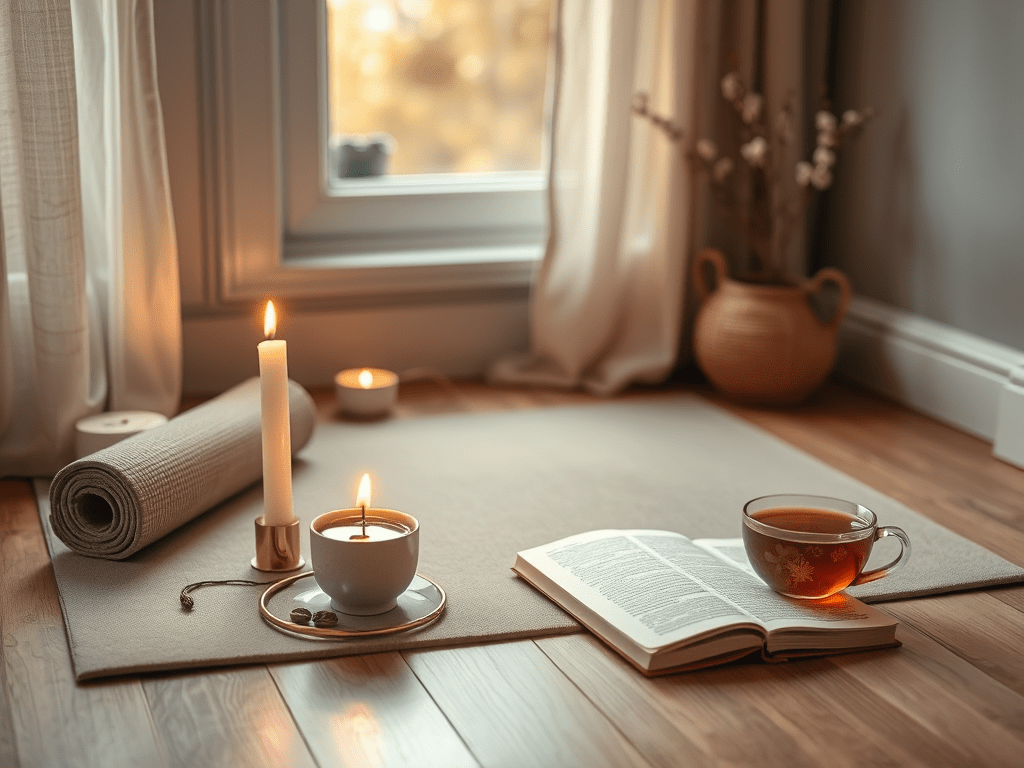 des exemples de rituels: thé, livre, bougie, pour du bien-être