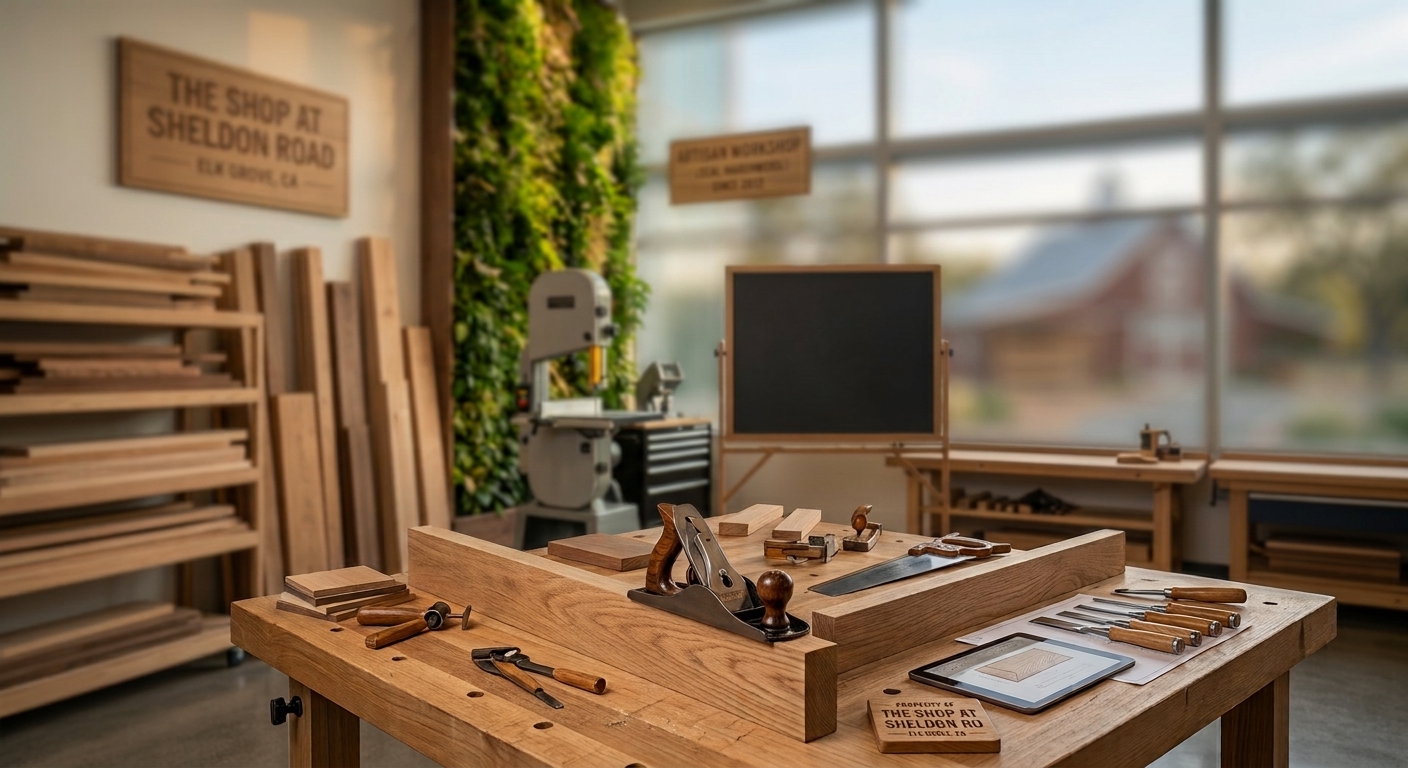 Woodworking bench with hand tools and milled hardwood at Forever Hardwood's shop in Elk Grove, CA