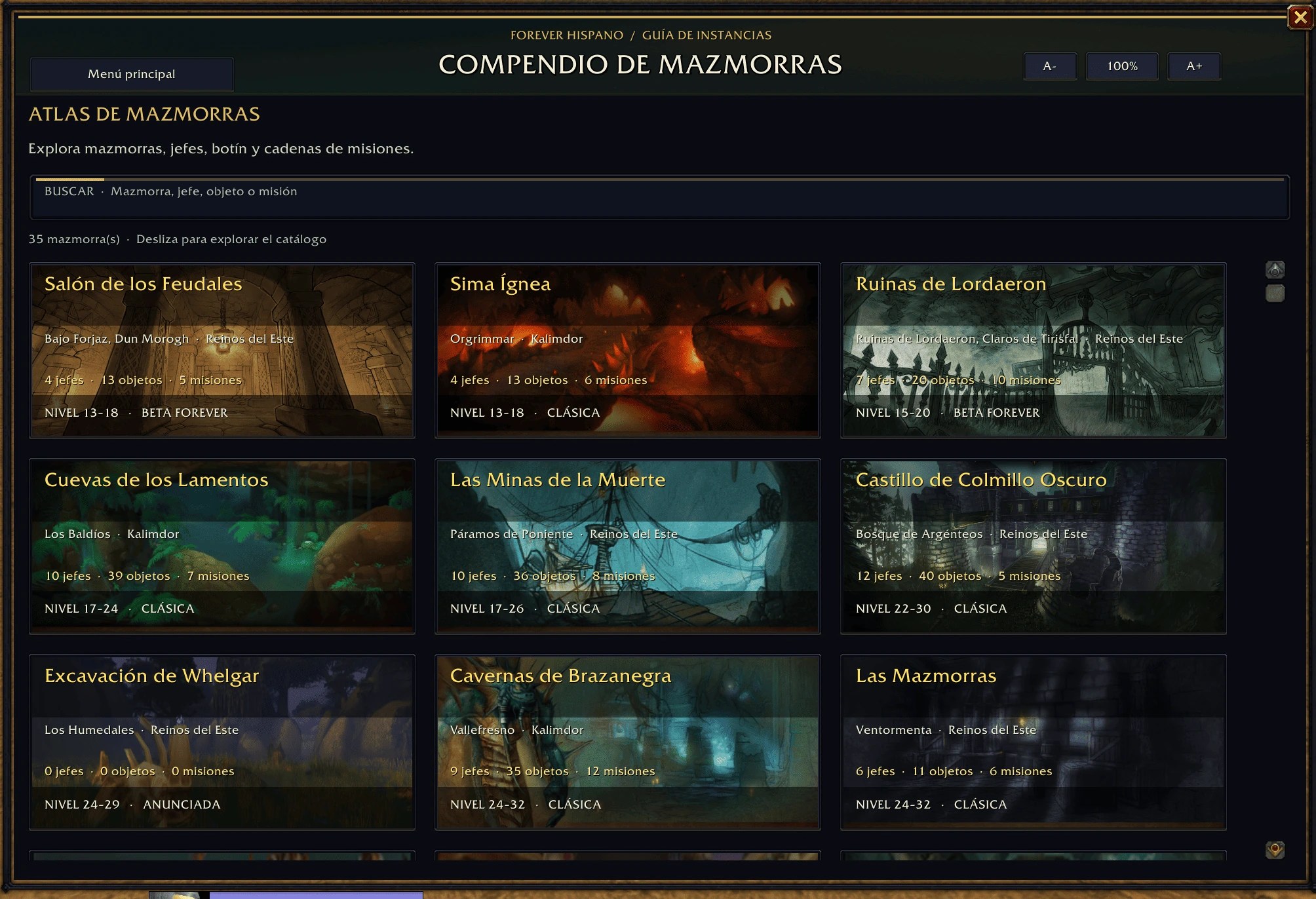 Catálogo de mazmorras del addon con imágenes, niveles, jefes, objetos y misiones.