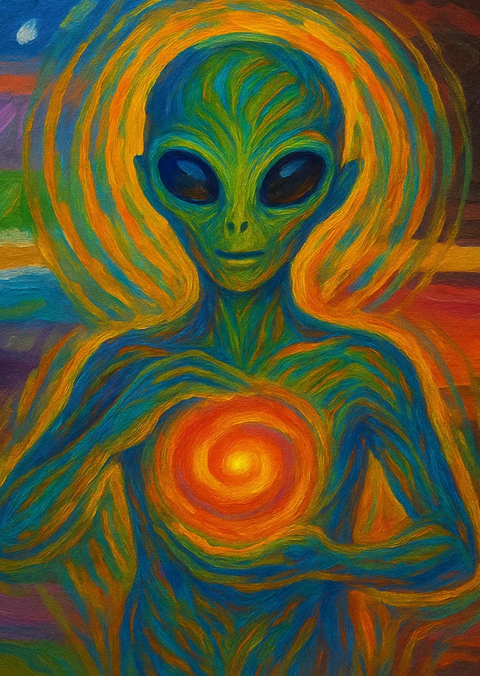 Origin: a green cosmic being holding a glowing golden ember, painted in swirling jewel colours.