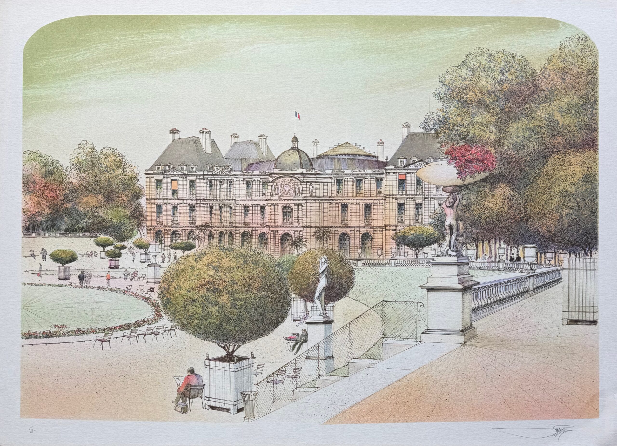 Rolf Rafflewski LUXEMBOURG GARDENS Hand Signed Limited Edition Lithograph