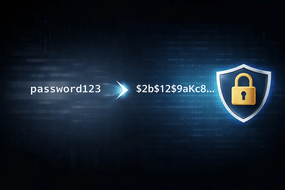 Illustration of password hashing showing plain text password converted into a secure hashed value with a lock symbol