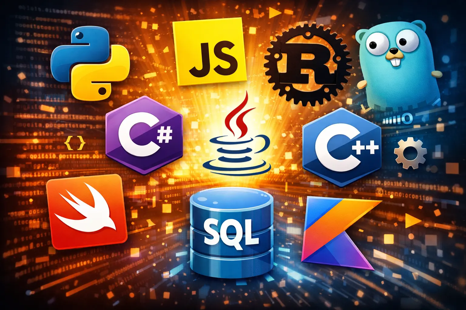 Top programming languages in 2026 including Python, JavaScript, Rust, Go, and SQL icons