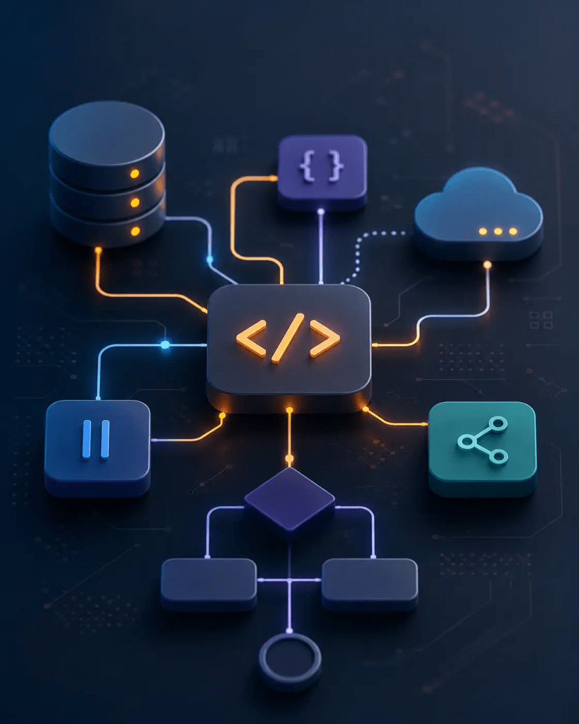 Visual illustration of coding concepts with connected programming blocks, logic flow, database, cloud, and code symbols.