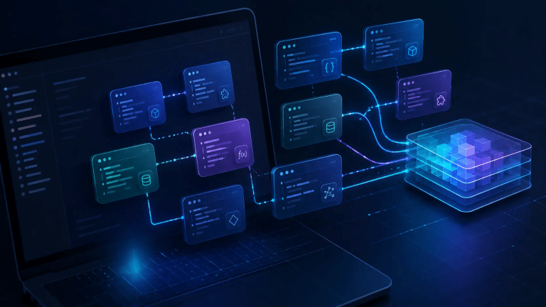 Modular programming for beginners shown as connected code modules on a futuristic tech interface