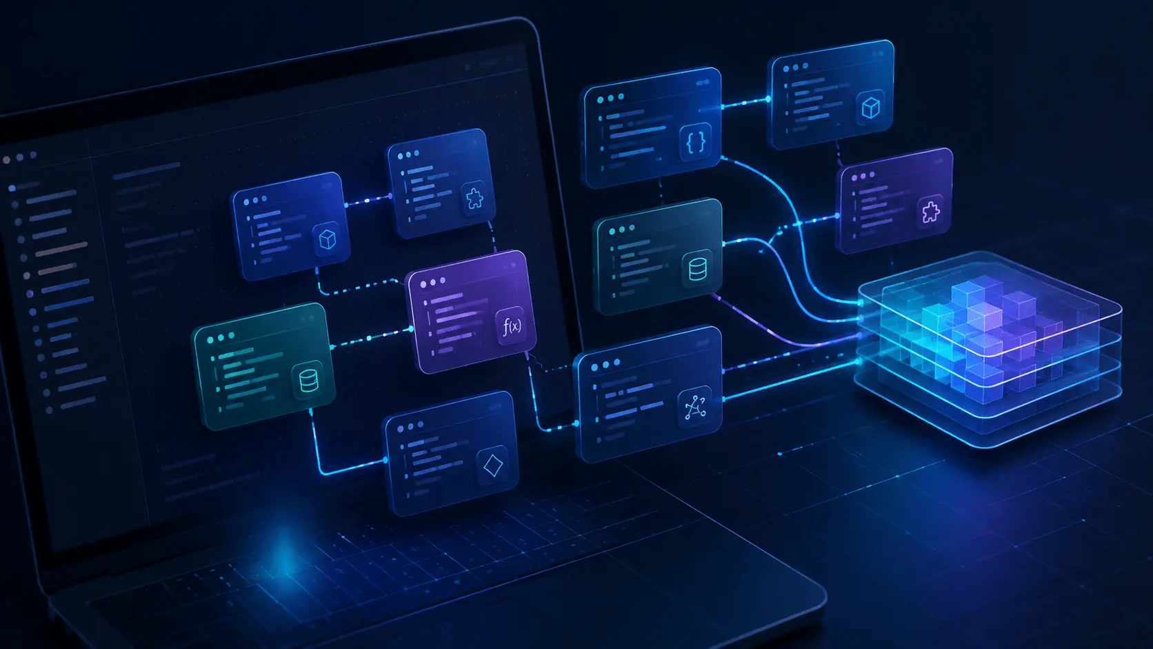 Modular programming for beginners shown as connected code modules on a futuristic tech interface