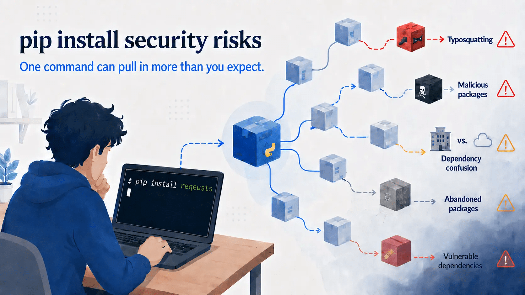 pip install security risks diagram showing a mistyped Python package name and hidden dependency risks