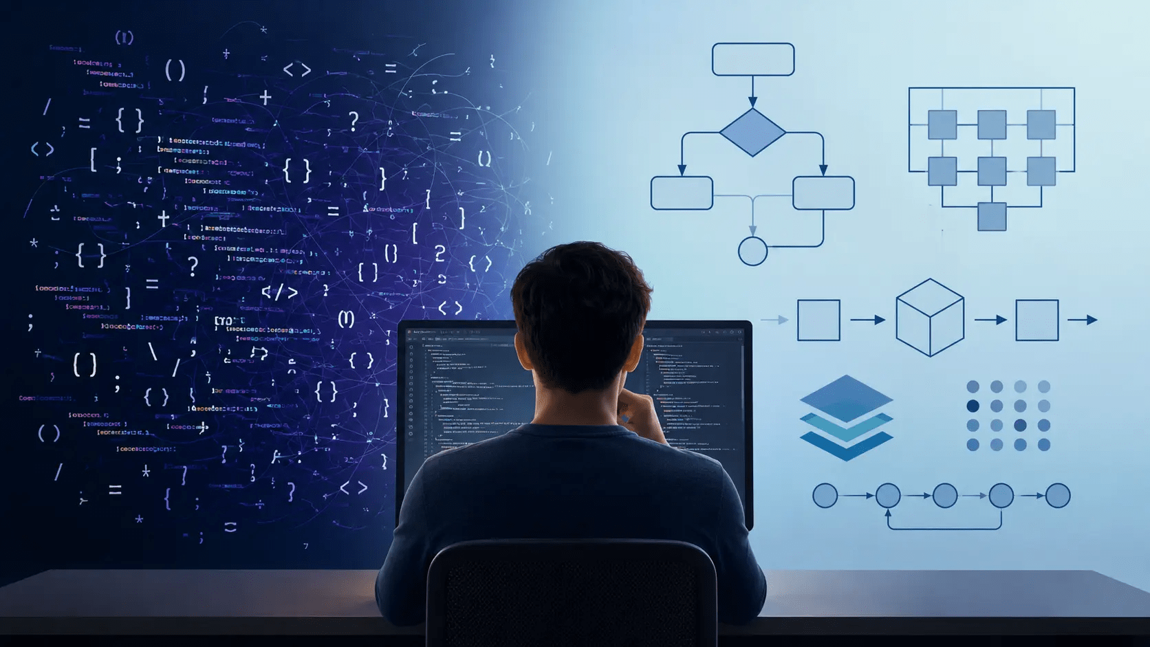 A programmer comparing messy code syntax with clear programming concepts and flowcharts