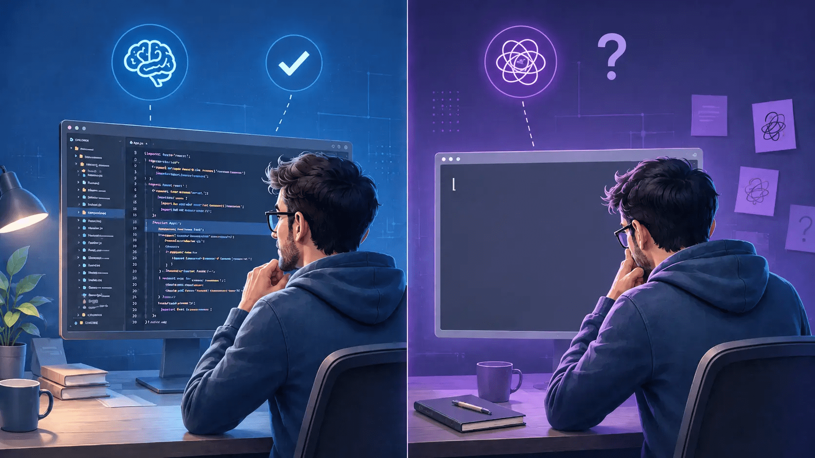 Split-screen illustration showing a developer reading finished code on one side and facing a blank code editor on the other, representing reading code vs writing code.