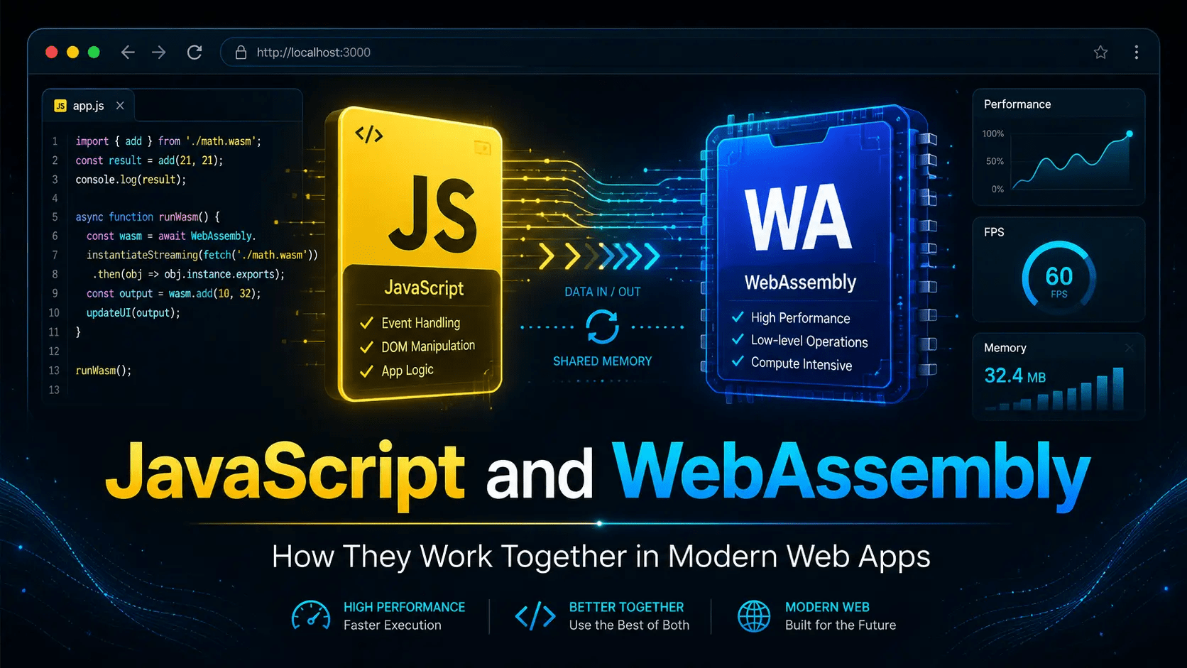 Illustration showing JavaScript and WebAssembly working together in modern web apps