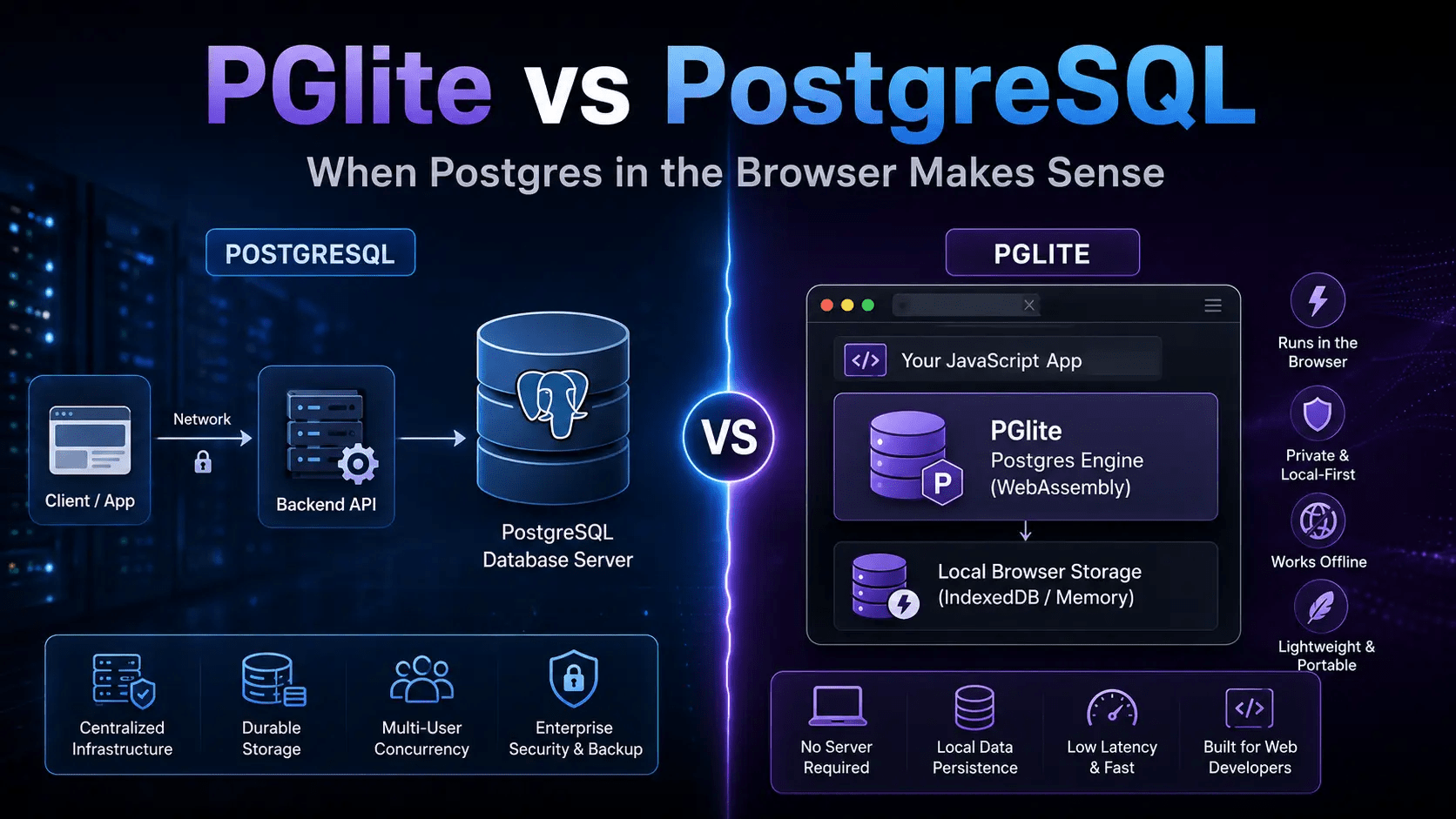 Featured image comparing PGlite vs PostgreSQL, showing PostgreSQL as a traditional database server and PGlite as a browser-based WebAssembly Postgres option.