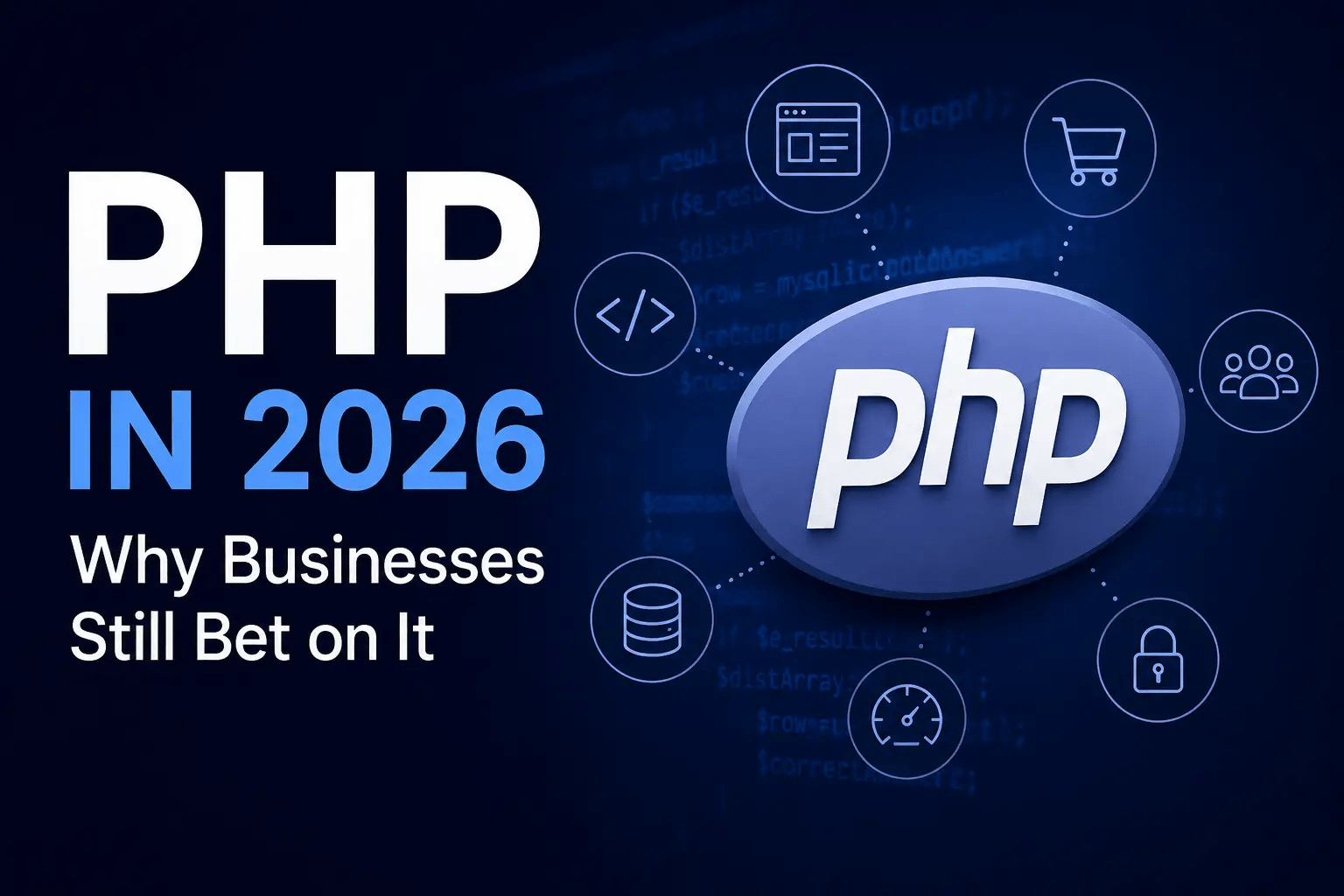 PHP in 2026 graphic showing web development, security, database, and business application icons